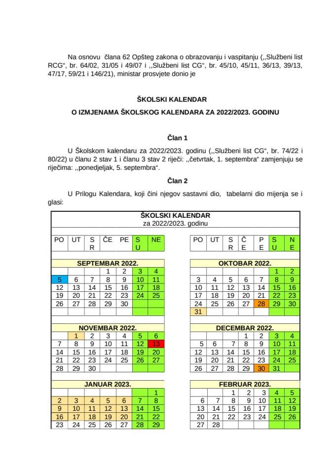 Školski kalendar o izmjenama Školskog kalendara