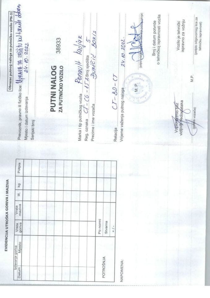 Putni nalog za period 24.10. - 30.10.2022