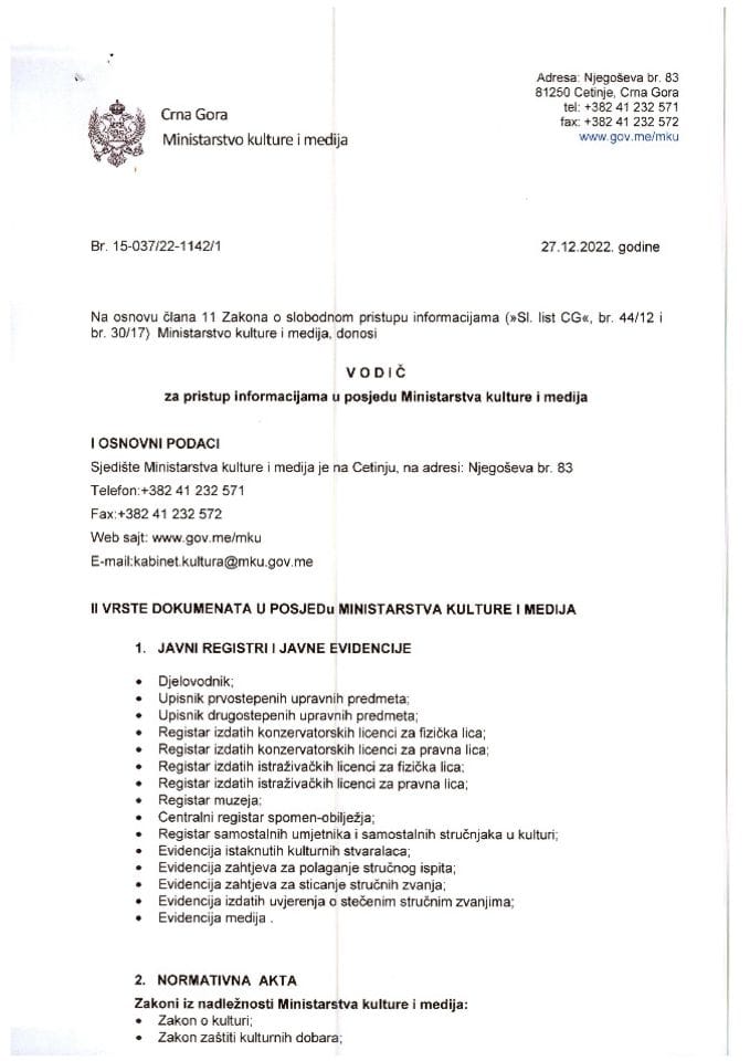 Vodič za slobodan pristup informacijama u posjedu Ministarstva kulture i medija