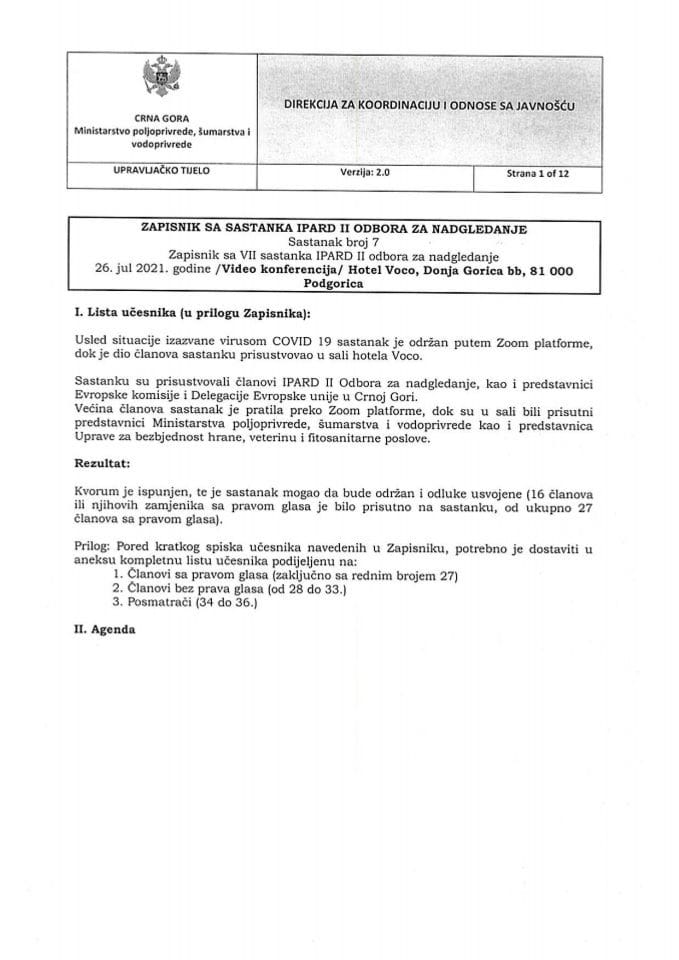 Записник са СЕДМОГ састанка ИПАРД ИИ одбора за надгледање 26.07.2021.