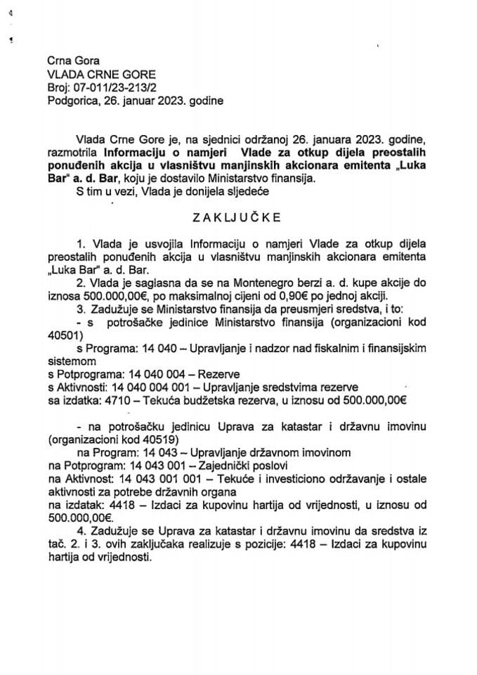Информација о намјери Владе Црне Горе за откуп дијела преосталих понуђених акција у власништву мањинских акционара емитента „Лука Бар“ АД Бар - закључци