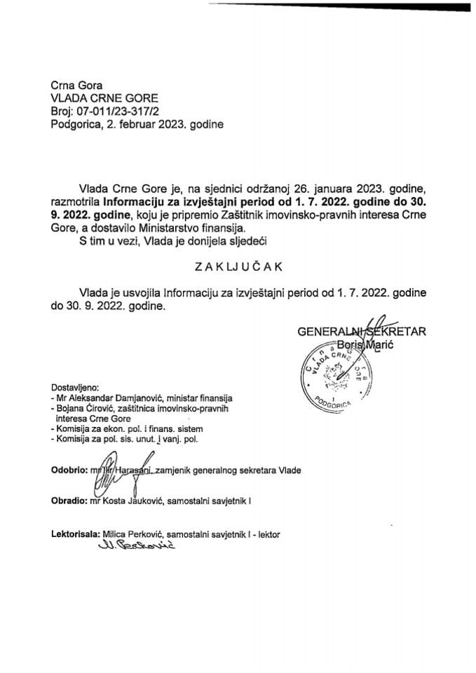 Информација за извјештајни период од 01.07.2022. године до 30.09.2022. године коју је припремио Заштитник имовинско-правних интереса Црне Горе - закључци