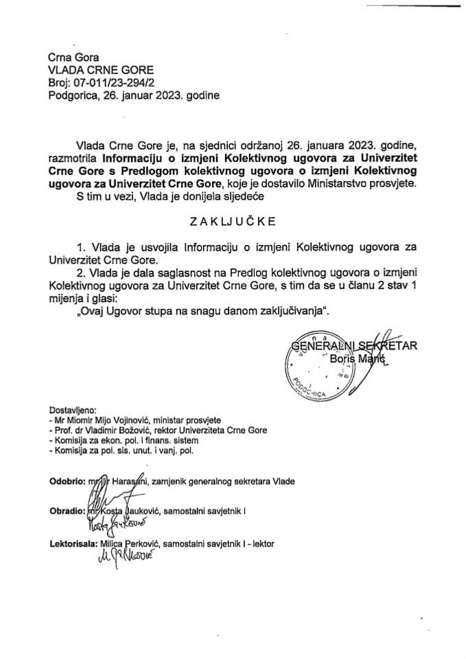 Informacija o izmjeni Kolektivnog ugovora za Univerzitet Crne Gore sa Predlogom kolektivnog ugovora o izmjeni Kolektivnog ugovora za Univerzitet Crne Gore - zaključci