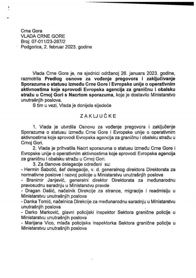 Предлог основе за вођење преговора и закључивање Споразума о статусу између Црне Горе и Европске уније о оперативним активностима које спроводи Европска агенција за граничну и обалску стражу у Црној Гори с Нацртом споразума - закључци