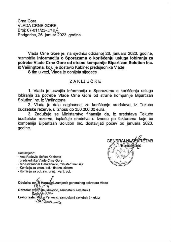 Informacija o Sporazumu o korišćenju usluga lobiranja za potrebe Vlade Crne Gore od strane Kompanije Bipartizan Solution Inc. iz Vašingtona - zaključci