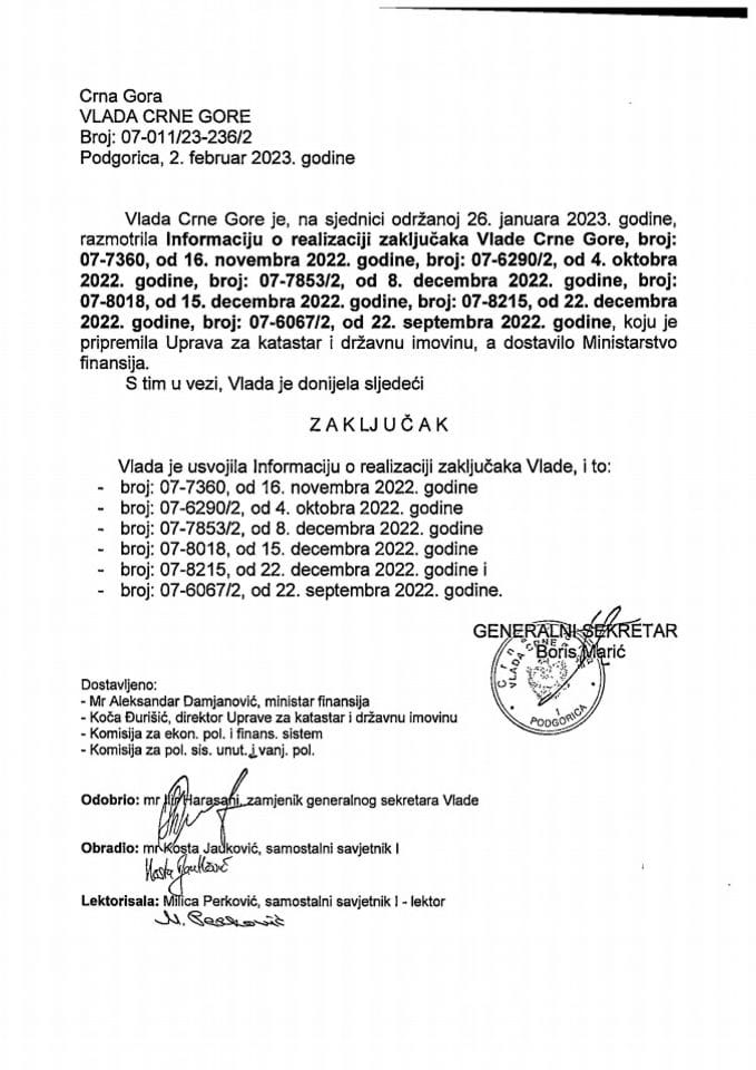 Информација о реализацији закључака Владе Црне Горе број: 07-7360, од 16. новембра 2022. године, број: 07-6290/2, од 4. октобра 2022. године, број: 07-7853/2... - закључци