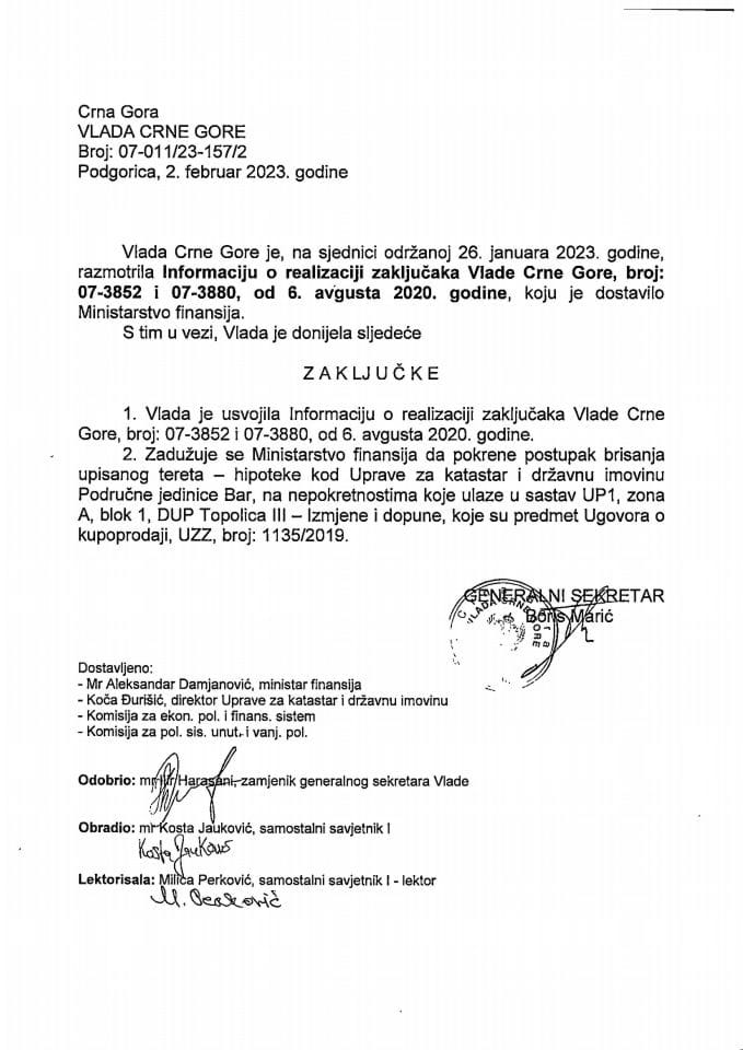 Informacija o realizaciji zaključaka Vlade Crne Gore broj: 07-3852 i 07-3880, od 6. avgusta 2020. godine - zaključci