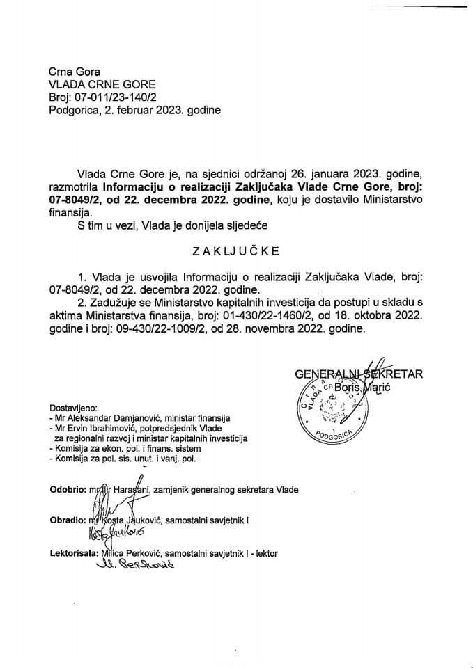 Informacija o realizaciji zaključaka Vlade Crne Gore, broj: 07-8049/2, od 22. decembra 2022. godine - zaključci