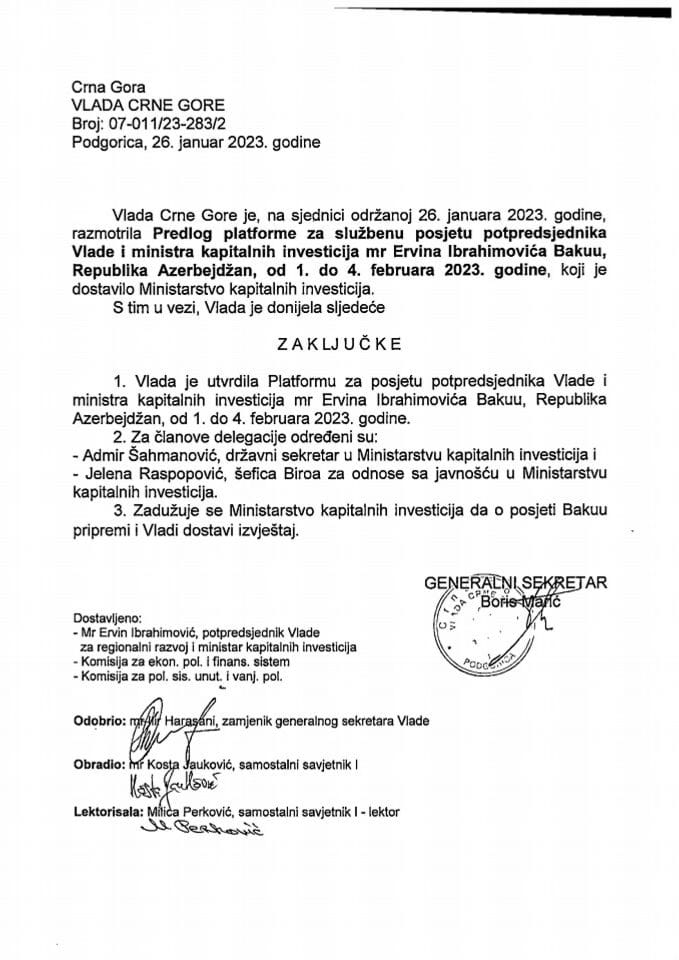 Predlog platforme o službenoj posjeti potpredsjednika Vlade i ministra kapitalnih investicija mr Ervina Ibrahimovića, Bakuu, Republika Azerbejdžan, u periodu od 1. do 4. februara 2023. godine - zaključci