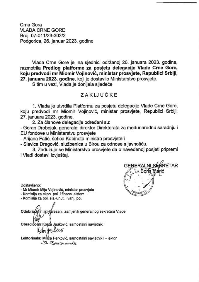 Predlog platforme za posjetu delegacije Vlade Crne Gore, koju predvodi mr Miomir Vojinović, ministar prosvjete, Republici Srbiji, 27. januara 2023. godine - zaključci