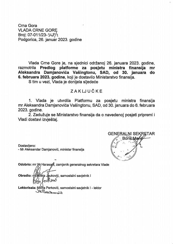 Predlog platforme za posjetu ministra finansija mr Aleksandra Damjanovića Vašingtonu, SAD, u periodu od 30. januara do 6. februara 2023. godine - zaključci