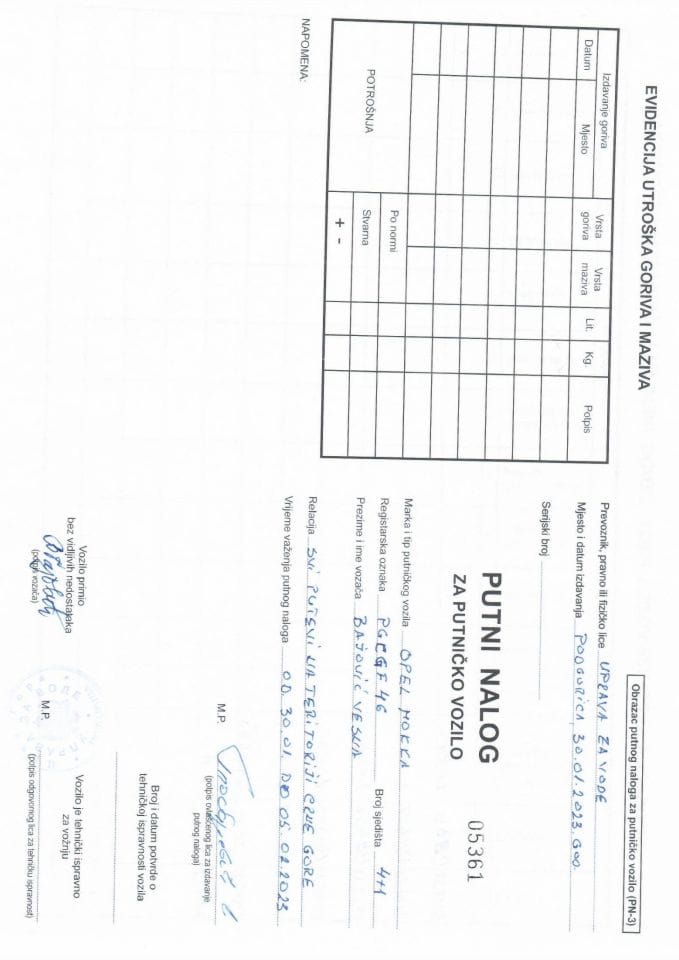 Путни налог за коришћење службеног возила  ПГ ЦГФ46 за период од 30.01.-05.02.2023.г.
