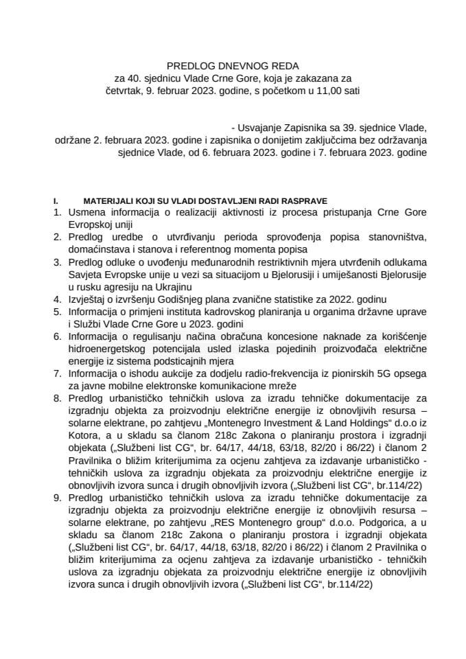 Предлог дневног реда за 40. сједницу Владе Црне Горе