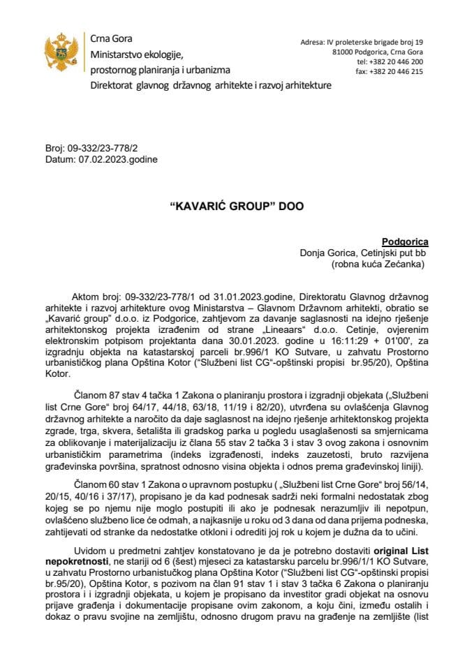 Obavještenja - Saglasnosti glavnog državnog arhitekte - 07.02.2023 Obavještenje-Kavarić Group Doo Podgorica- Opština Budva