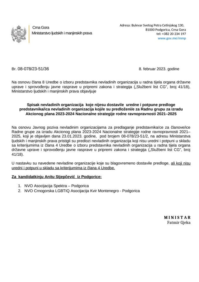 Списак НВО нијесу доставиле  уредне и потпуне предлоге