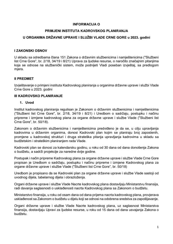 Informacija o primjeni instituta kadrovskog planiranja u organima državne uprave i Službi Vlade Crne Gore u 2023. godini