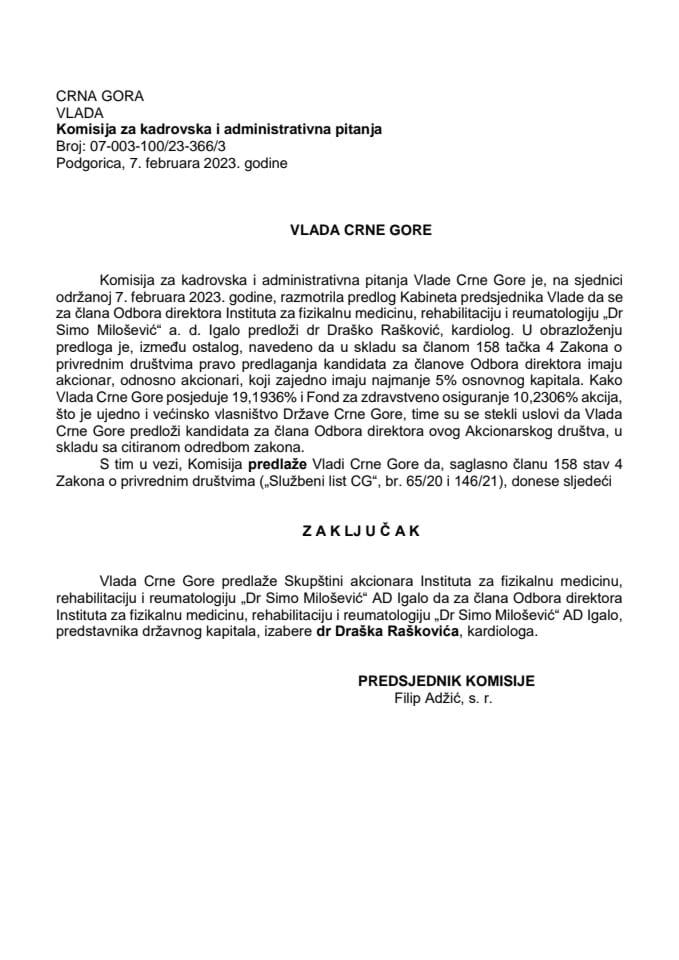 Predlog za izbor člana Odbora direktora Instituta za fizikalnu medicinu, rehabilitaciju i reumatologiju „Dr Simo Milošević“ AD Igalo