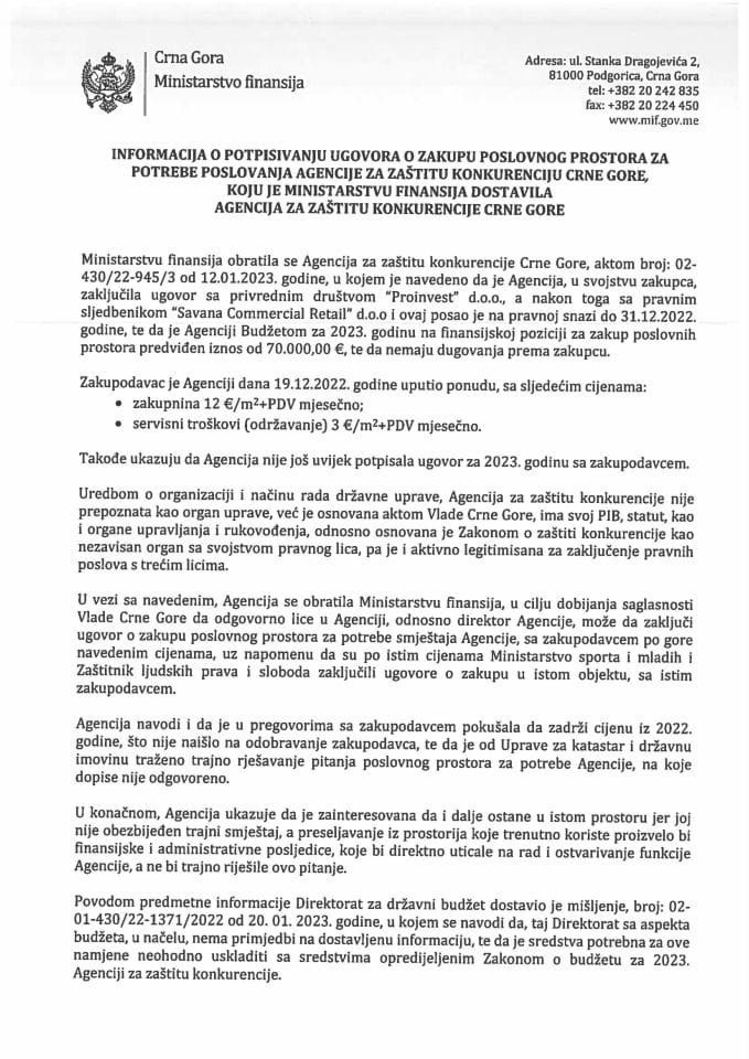 Informacija o potpisivanju Ugovora o zakupu poslovnog prostora za potrebe poslovanja Agencije za zaštitu konkurencije Crne Gore s Predlogom ugovora