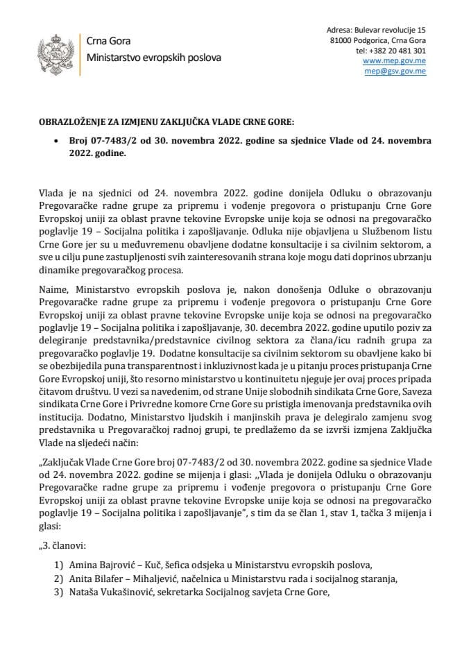 Predlog za izmjenu Zaključka Vlade Crne Gore, broj: 07-7483/2, od 30. novembra 2022. godine, sa sjednice od 24. novembra 2022. godine