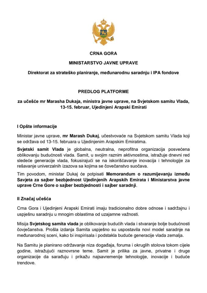 Predlog platforme za učešće mr Marasha Dukaja, ministra javne uprave, na Svjetskom samitu Vlada, 13-15. februar 2023. godine, Ujedinjeni Arapski Emirati