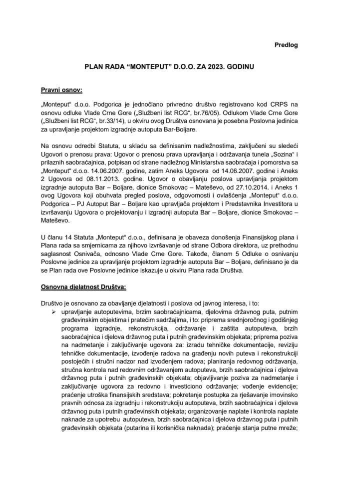 Predlog plana rada i Predlog finansijskog plana „Monteput“ d.o.o. Podgorica za 2023. godinu i Izvještaj o realizaciji Finansijskog plana „Monteput” d.o.o. Podgorica za 2022. godinu