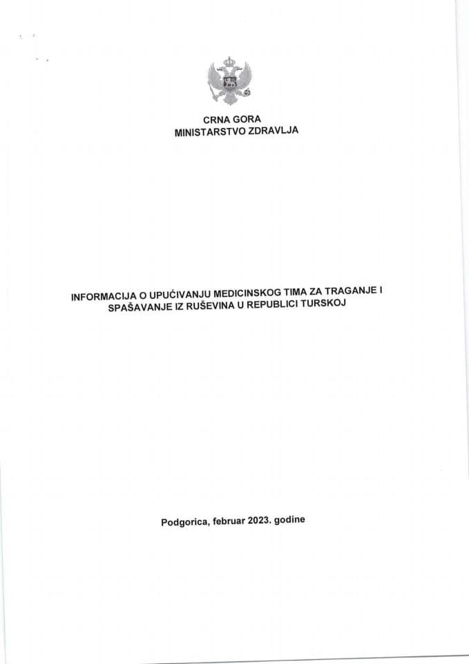 Informacij o upućivanju Medicinskog tima za traganje i spašavanje iz ruševina u Republici Turskoj
