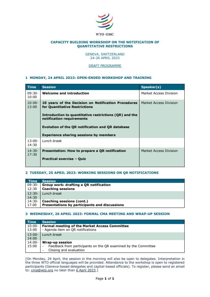 Draft Programme QR Workshop WTO