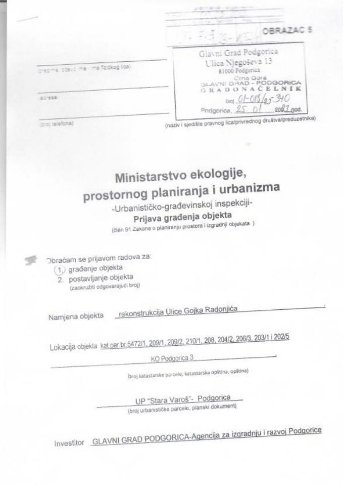 Prijava građenja objekta - 01-745-23-1052-1 GLAVNI GRAD PODGORICA AGENCIJA ZA IZGRADNJU I RAZVOJ PODGORICE