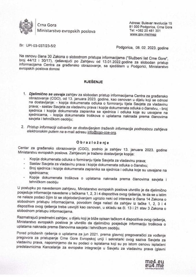 Рјешење по захтјеву ЦГО од 08.02.2023. за слободан приступ информацијама везаних за Савјет за владавину права