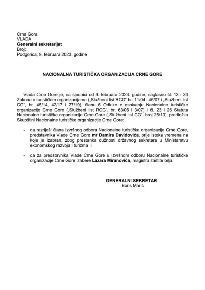 Predlog za razrješenje i imenovanje člana Izvršnog odbora Nacionalne turističke organizacije Crne Gore