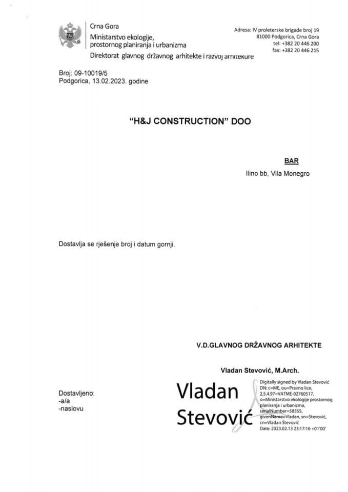 Rješenja glavnog državnog arhitekte - 13.02.2023 Rješenje- H&J Construction Doo Bar- Opština Bar