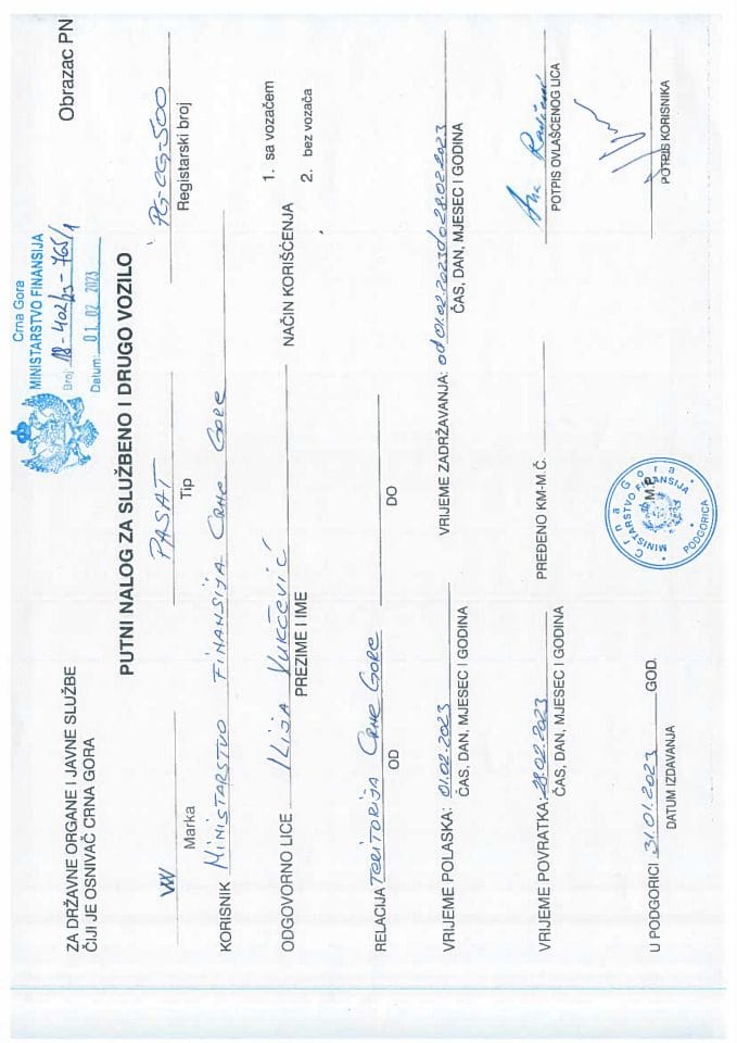 Путни налози за контролу употребе службених и других возила и потрошња горива, ПГ-ЦГ 500, Министарство финансија, 07.02. - 13.02.2023.