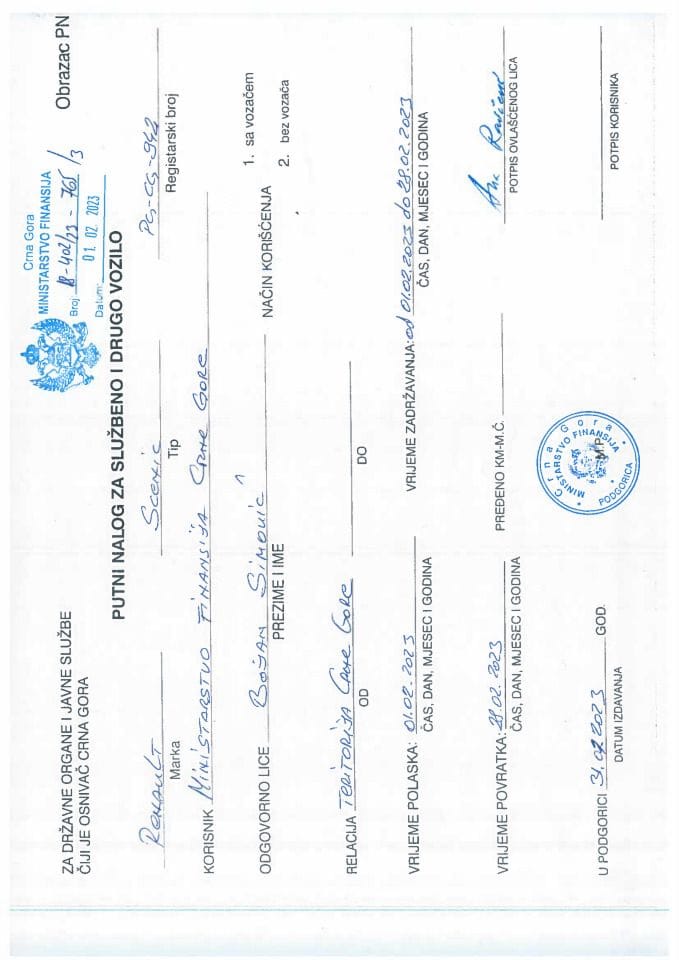 Putni nalozi za kontrolu upotrebe službenih i drugih vozila i potrošnja goriva, PG-CG 942, Ministarstvo finansija, 07.02. - 13.02.2023.