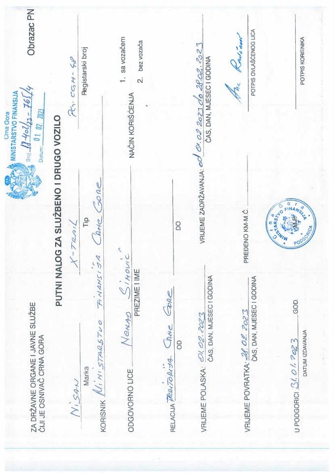 Putni nalozi za kontrolu upotrebe službenih i drugih vozila i potrošnja goriva, PG-CG H 48, Ministarstvo finansija, 07.02. - 13.02.2023.