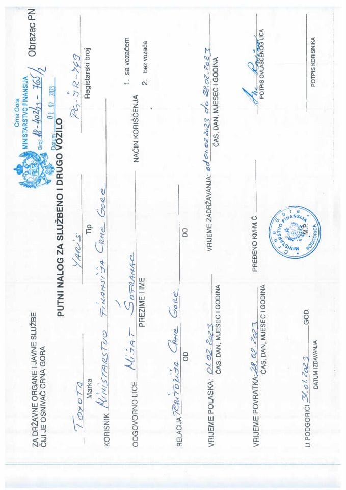 Putni nalozi za kontrolu upotrebe službenih i drugih vozila i potrošnja goriva, PG-JR 749, Ministarstvo finansija, 07.02. - 13.02.2023.