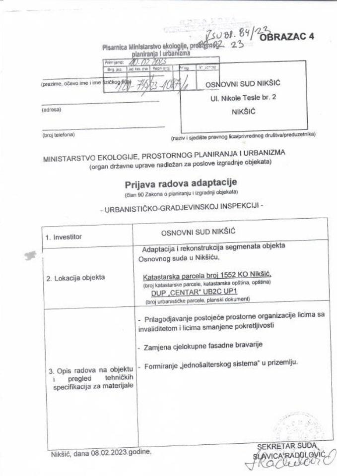 Prijava radova adaptacije - 121-745-23-1087-1 OSNOVNI SUD NIKŠIĆ