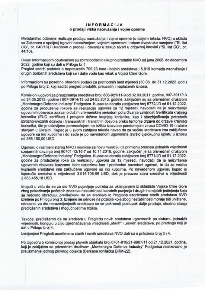 Informacija o prodaji viška naoružanja i vojne opreme u Vojsci Crne Gore (bez rasprave)