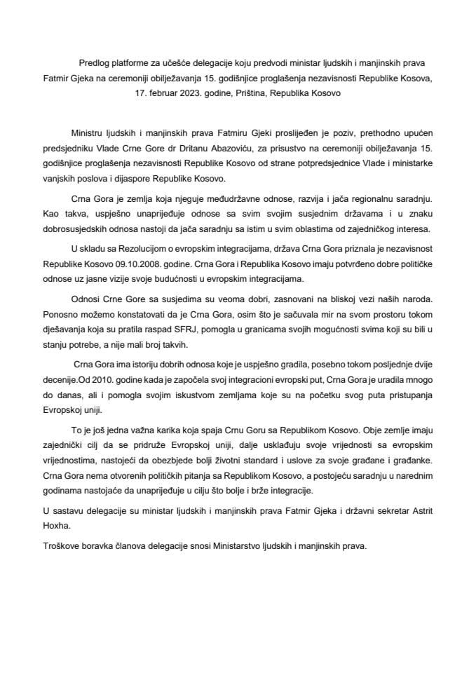 Предлог платформе за посјету делегације коју предводи министар људских и мањинских права Fatmir Gjeka Републици Косово, 16-17. фебруар 2023. године, Приштина, Република Косово