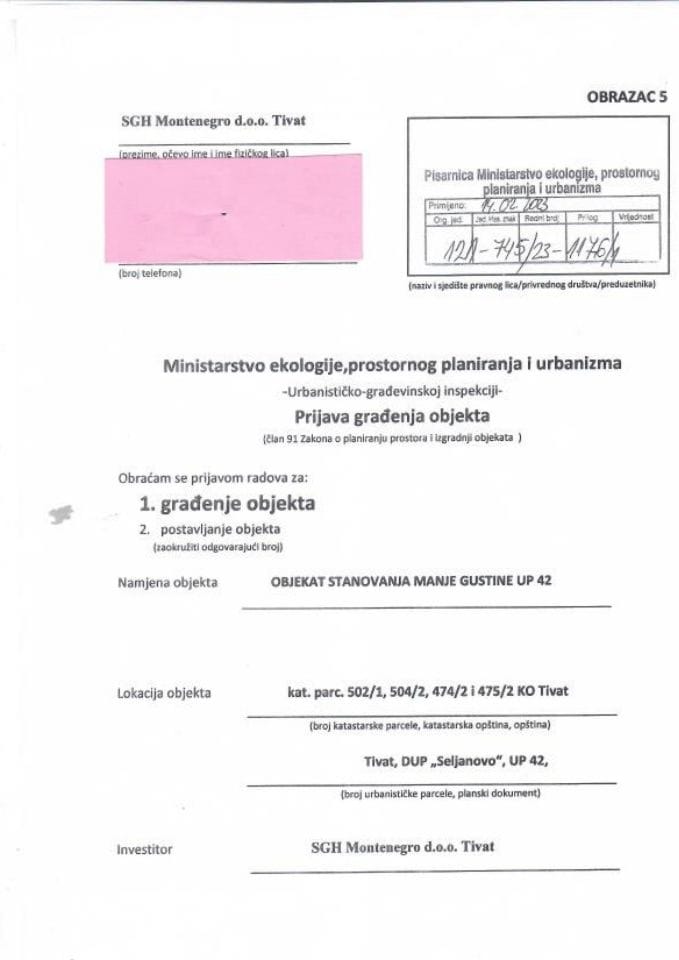 Prijava građenja objekta - 121-745-23-1176-1 SGH MONTENEGRO DOO