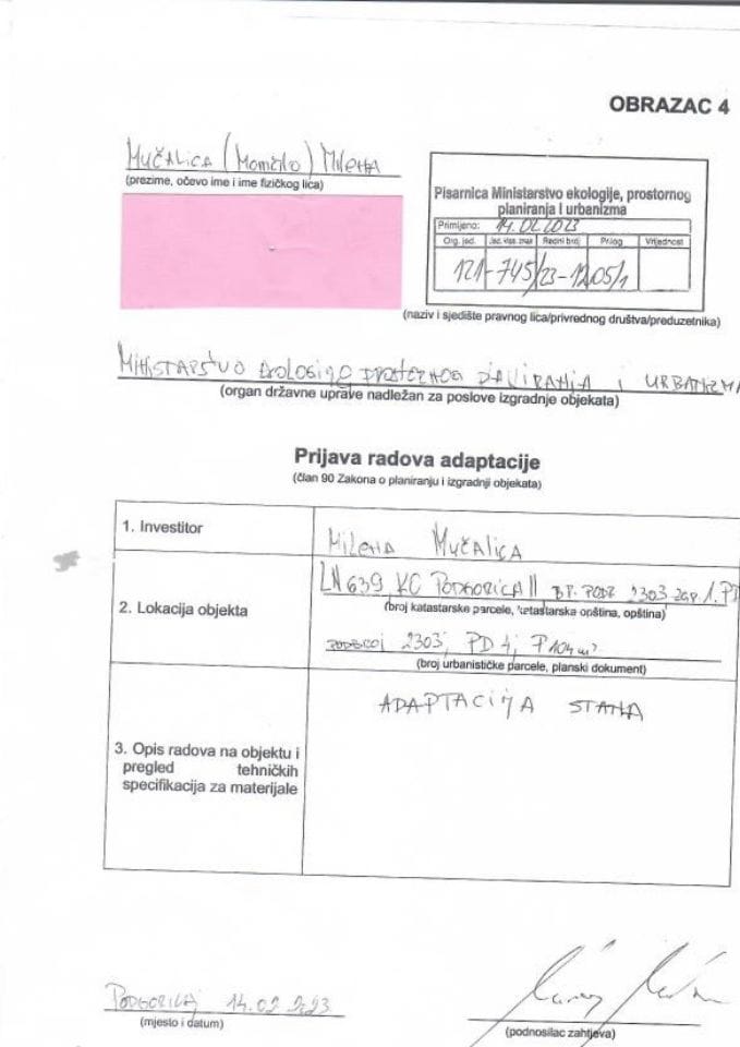 Prijava radova adaptacije - 121-745-23-1205-1 MILENA MUČALICA