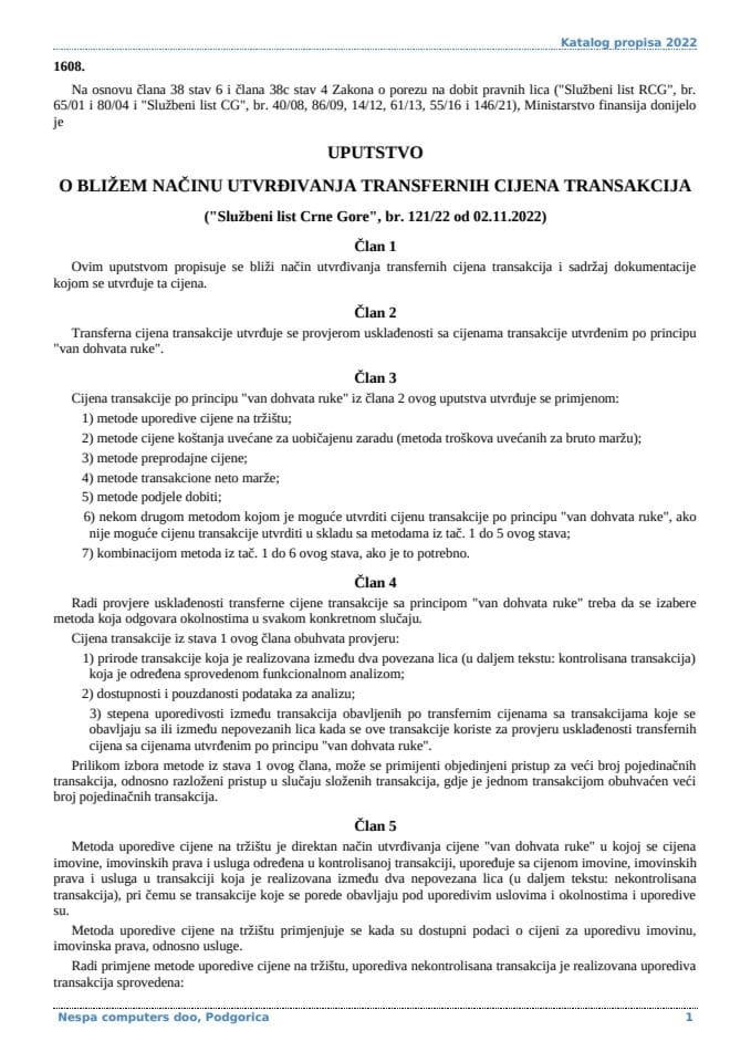 Uputstvo o bližem načinu utvrdjivanja transfernih cijena transakcija