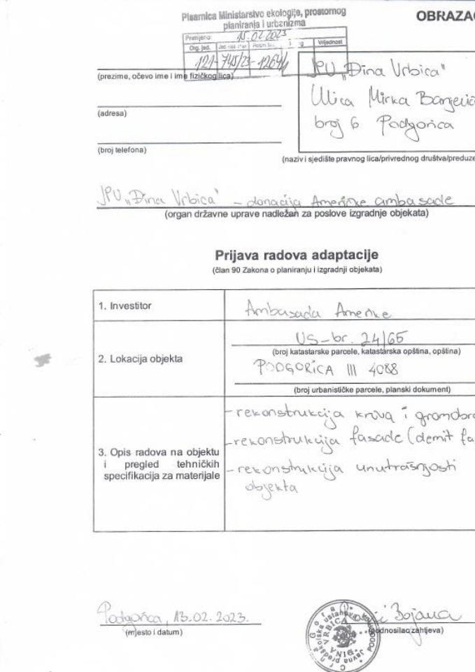 Prijava radova adaptacije - 121-745-23-1264-1 AMBASADA AMERIKE