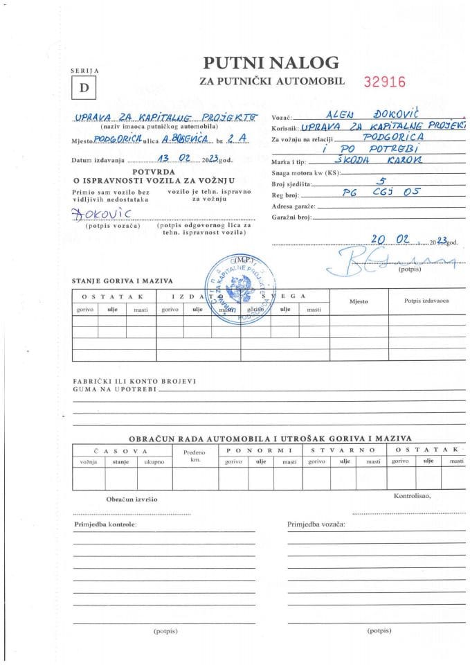 Putni nalozi za period od 13.02.2023-19.02.2023. god.