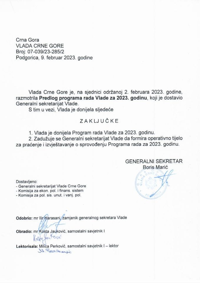 Предлог програма рада Владе Црне Горе за 2023. годину - закључци
