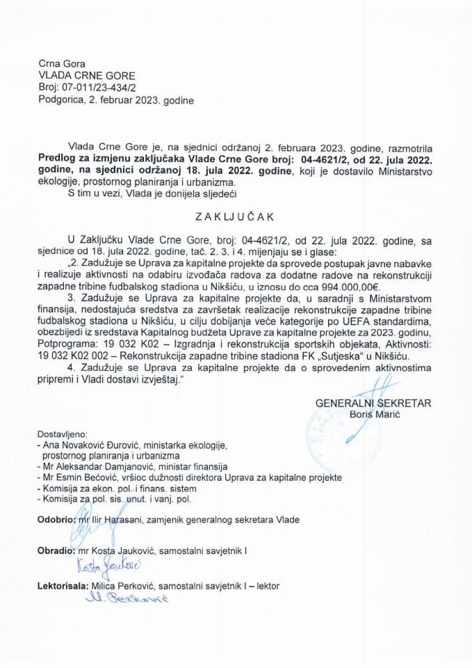 Предлог за измјену закључака Владе Црне Горе, број: 04-4621/2, од 22. јула 2022. године, са сједнице од 18. јула 2022. године - закључци