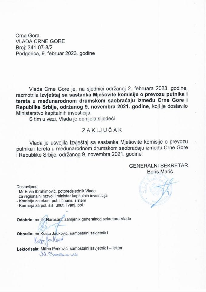 Izvještaj sa sastanka Mješovite komisije o prevozu putnika i tereta u međunarodnom drumskom saobraćaju između Crne Gore i Republike Srbije, održanog dana 9. novembra 2021. godine - zaključci