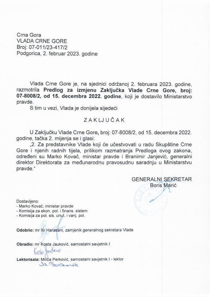Предлог за измјену Закључка Владе Црне Горе, број: 07-8008/2, од 15. децембра 2022. године (без расправе) - закључци