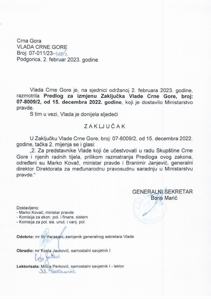 Предлог за измјену Закључка Владе Црне Горе, број: 07-8009/2, од 15. децембра 2022. године (без расправе) - закључци