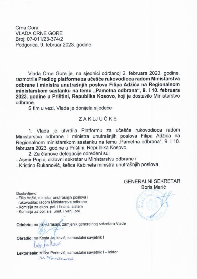 Predlog platforme za učešće rukovodioca radom Ministarstva odbrane i ministra unutrašnjih poslova Filipa Adžića na Regionalnom ministarskom sastanku na temu pametne odbrane, Priština, Republika Kosovo - zaključci