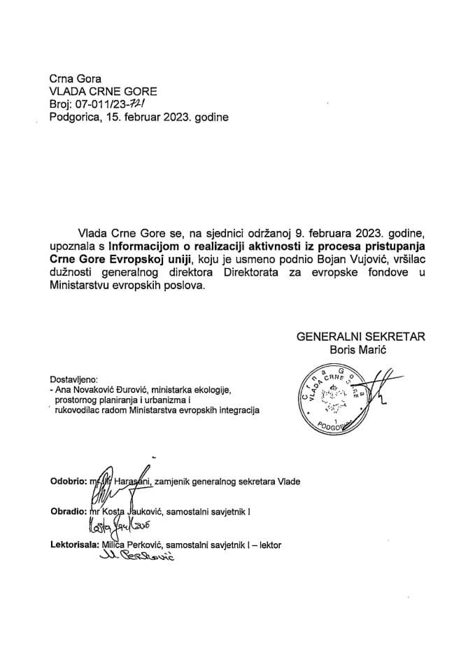 Usmena informacija o realizaciji aktivnosti iz procesa pristupanja Crne Gore Evropskoj uniji - zaključci